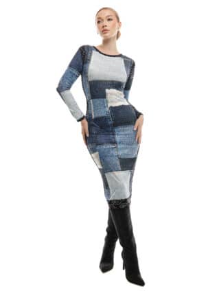 Bebqueen Blue Checkers Dress, Size S, Multicolor, Lace, Rhinestones.